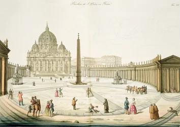 Fachada da Basílica de São Pedro em Roma com a praça em frente, prancha 25 da Parte III de A História das Nações, gravada por G. Lago
