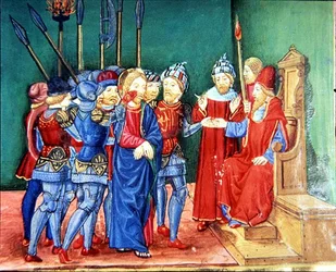 Fol.106v Cristo é conduzido como prisioneiro perante Anas, o sumo sacerdote (vellum)