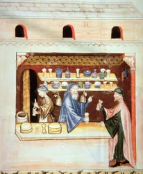 Fol.53v Preparação e Venda de Tomilho, ilustração de Tacuinum Santiatis Codex Vindobonensis