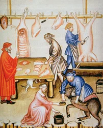 Fol.74v O açougueiro: carne de porco, ilustração de Tacuinum Santiatis Codex Vindobonensis