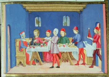 Fol.75v Jesus Durante a Refeição na Casa do Fariseu Pergunta se lhe é permitido curar no sábado (vellum)