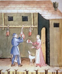 Fol.78v Os açougueiros: vendendo corações de animais, do Tacuinum Sanitatis Codex Vindobonensis
