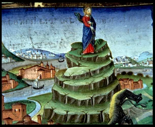 Fol.84r O Diabo tenta Cristo pela segunda vez na montanha (vellum)