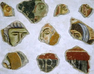 Fragmentos de uma pintura de parede medieval da Abadia de Monte Cassino (pedra, gesso e pigmento)