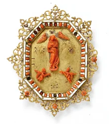 Quadro representando a Virgem Imaculada, Trapani, meados do século 17 (cobre dourado, esmalte e coral)