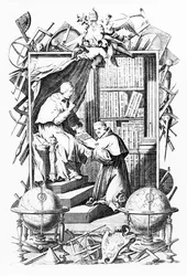 Frontispício da Biblioteca Universal Sacro-Profana, Vol. 1 de Vincenzo Coronelli, estampa de Alessandro Dalla Via, publicada em 1701