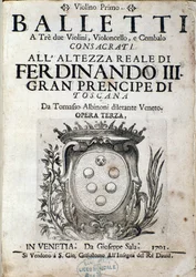 Frontispício da partitura musical de Balletti a tre, ópera III de Tomaso Albinoni (1671-1750)