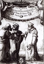 Frontispício do Diálogo acima dos dois sistemas mais altos do mundo por Galileo, publicado em 1632