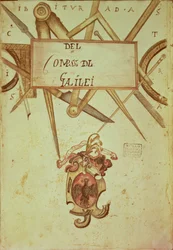 Gal.37 f.3r Frontispício de um manuscrito de cópia da Operação das bússolas geométricas e militares de Galileu Galilei (1564-1642)