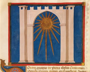 Porta do Sol, miniatura do Registro Notarial de Perugia, manuscrito, Itália do século XIV.