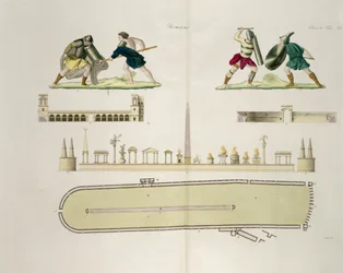 Gladiadores e planta do circo de Caracala, prancha 23A, classe 5 da Parte I de A História das Nações, gravada por A. Nani