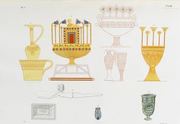 Vasos de ouro e potes de vidro da tumba de Theban