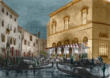 Gondoleiros à espera de espectadores fora do Teatro La Fenice, Veneza, Itália, do Le Monde Illustre n ° 564, 1868
