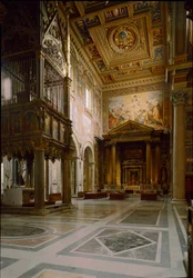 Arte gótica: vista do altar papal acima do Tabernáculo feita por Giovanni di Stefano por volta de 1367 adorna doze painéis decorados com frescos de Barna da Siena (século XIV). 1367-1368. Basílica de São João de Latrão (San Giovanni in Laterano)