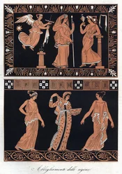 Vestidos das rainhas gregas - gravura de «Usi e Costumi di Tutti i Popoli dell