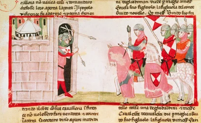 Guelfs bloqueiam a reentrada de Ghibellines na cidade, miniatura da Crônica de Giovanni Villani, manuscrito do século XIV na Itália.