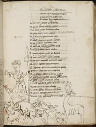 Harley 2453, f.55 Uma cena de caça com um javali, um veado, caçadores, cães e uma lebre, de 