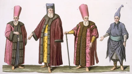 Porteiro-chefe do harém, capitão dos porteiros do harém, porteiro do harém e pajem, gravura 3 da Parte III, Volume I de A História das Nações, gravada por V. Raineri