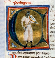 Carta histórica (letra A). O Perdigão Troubadour interpretando o velhote. Minatura extraída do manuscrito "Chansonnier provençal" (Folio 36), escrito por Perdigon e copiado pelo Atelier de Venice-Padua.