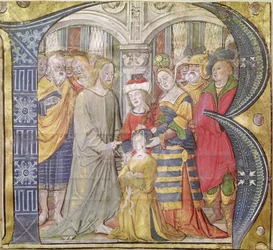 Historiated inicial B representando Cristo curando uma mulher possuída