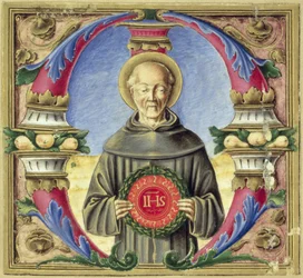 Historia do "M" inicial que representa São Bernardino de Siena (vellum)