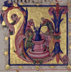 Historiativa do "U" inicial retratando José a ser arrancado do poço pelos seus irmãos, Escola Toscana (vellum)