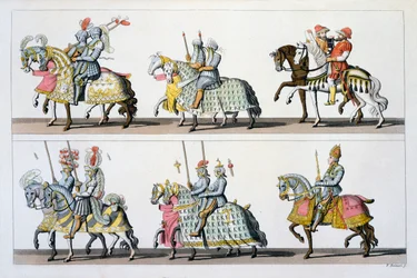 Sacro Império Romano: Participantes de um torneio no Castelo de Luxemburgo no tempo de Maximiliano I, de Costumi dei Romani, Svizzeri .. c.1800-18