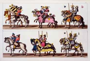 Sacro Império Romano: Participantes de um torneio no Castelo de Luxemburgo no tempo de Maximiliano I, de Costumi dei Romani, Svizzeri .. c.1800-18