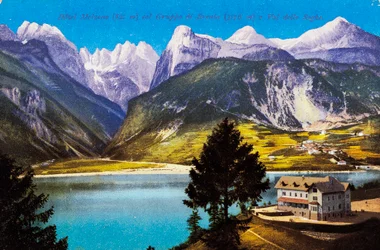 Hotel Molveno com o Grupo Brenta e o Val delle Seghe, postal, Trentino-Alto Adige, Itália, século XX