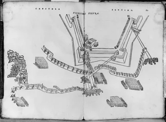 Como ajustar os postos de tiro e como escolher o ângulo das paredes, ilustração de Opera nuova di fortificare por Girolamo Cataneo Novarese (fl. C.1540-84) Brescia, 1564