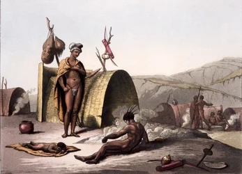 Cabanas e caminho da vida no campo dos bosquímanos, de Costumi dei ... por Giulio Ferrario, c.1820s-30s