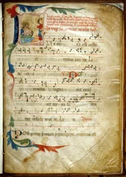 Partitura iluminada de canções ambrosianas de Messale di Antonio da Vumate