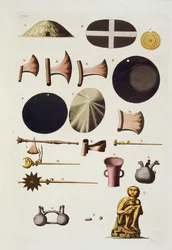 Inca ferramentas e artefatos, Peru, de Le Costume Ancien et Moderne, Volume II, placa 22, por Jules Ferrario, publicado c.1820s-30s