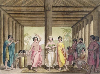 Interior, de, um, taitiano, casa, com, meninas dançando, ilustração, de, um, cobrança, de, cedo, 19o século, livros viagem