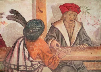 Interior de uma estalagem, detalhe de dois homens a jogar um jogo de tabuleiro (fresco)