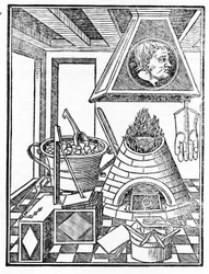 Vista interior de uma oficina de metalurgia Gravura de "Voarchadumia contra alchimiam ars distincta ab archimia et sophia..." de Giovanni Agostino Pantheo (1517-1535)