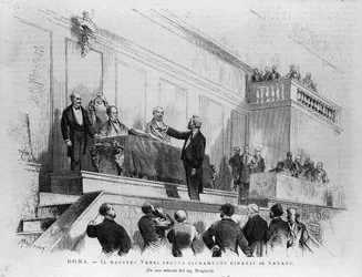 O compositor italiano Giuseppe Verdi (1813-1901) foi nomeado senador no Senado em 1874, Roma. Gravura a partir de 1875.