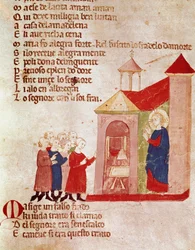 Jesus chez Marie Madeleine Miniature de "Del novo e del vedre testamento" de Pietro da Barsegape (século XIII) Milão do século XIV, Biblioteca Braidense