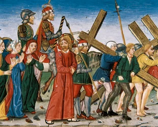 Jesus conduz ao Calvário e às Santas Mulheres no caminho. Manuscrito de Cristobal de Predis (1440-1486)