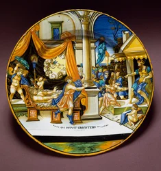 José e a mulher de Potifar. José foge da mulher de Potifar, que procura seduzi-lo. Prato de cerâmica produzido em Urbino, Itália. Cerca de 1537. Museu Nacional do Bargello, Florença