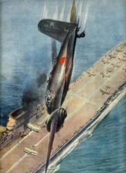 O aviador kamikaze Abe a atacar um porta-aviões britânico, ilustração de "La Domenica del Corriere", 5 de novembro de 1944 (impressão)