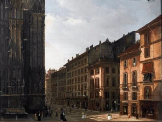 A pista do Duomo em Milão (Piazza del Duomo) - Pintura anónima - Óleo sobre madeira - 1840 Museo Civico di Milano, Palazzo Morando