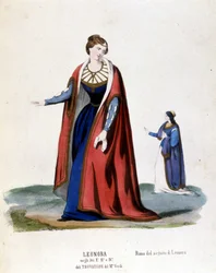 O traje de Leonora para a primeira representação do Trouvère (Trovatore) de Giuseppe Verdi (1854) biblioteca de la scala de Milan