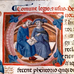 Decoração Letterline de dois caracteres. Miniatura extraída do códice "Breve delle Leggi comunali", índice das leis da República de Pisa (1208-1307). Século XIII. Pisa, arquivo nacional.