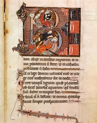 Lettrine B decorou a representação do Rei David tocando pslaterion e que decola Goliath Page do manuscrito "Psalterium Cum Calendario" Século XIII Pádua, biblioteca do seminário
