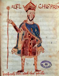Príncipe Lombardo Adalgis (falecido em 788) Miniatura do "Codex Legum Longobardorum" (ou Langobardorum) descrevendo as leis do reino Lombardo estabelecidas pelo Rei Rothari