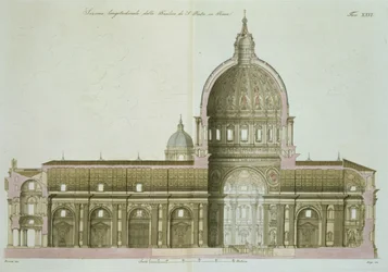 Corte longitudinal da Basílica de São Pedro em Roma, prancha 26 da Parte III de A História das Nações, gravada por G. Lago