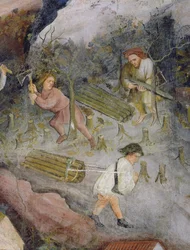 Lenhadores no trabalho. Abate de árvores na floresta (fresco)
