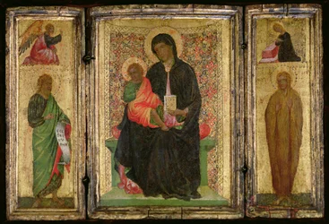 Madonna e Criança Entronizado com (LR) São João Batista com o Anjo da Anunciação acima e Santa Maria Madalena com a Virgem Anunciada acima, c.1360-70 (têmpera no painel)