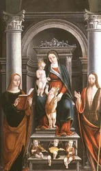 Madonna e Criança recebendo uma rosa do Menino São João Batista, com santos e anjos por M.B. (monograma)